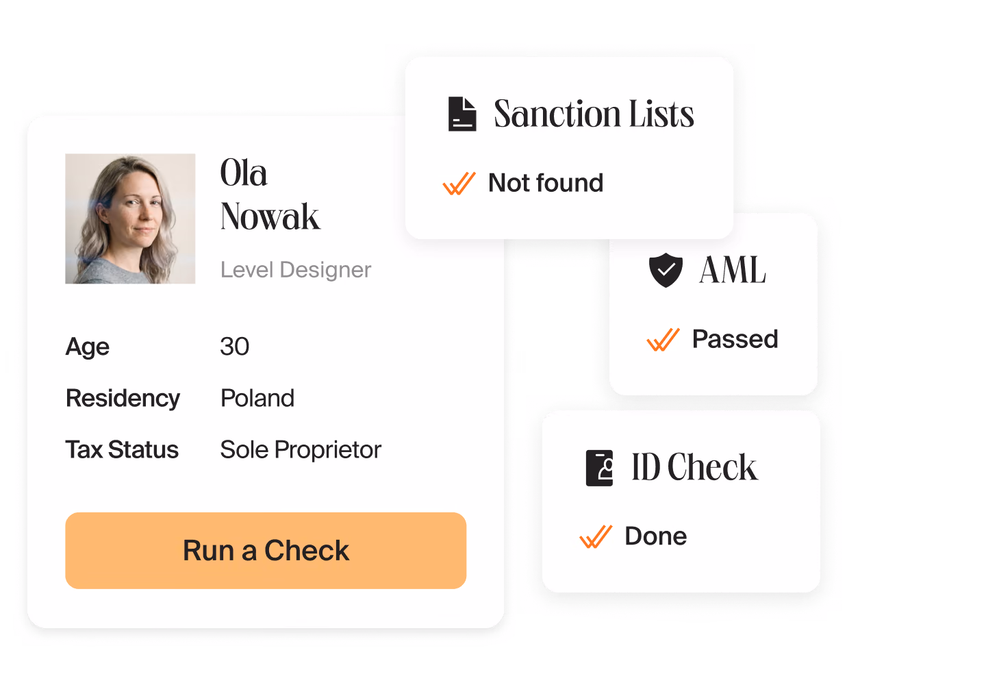 Contractor profile with a Run a Check button next to passed Sanction Lists, AML and ID Check results