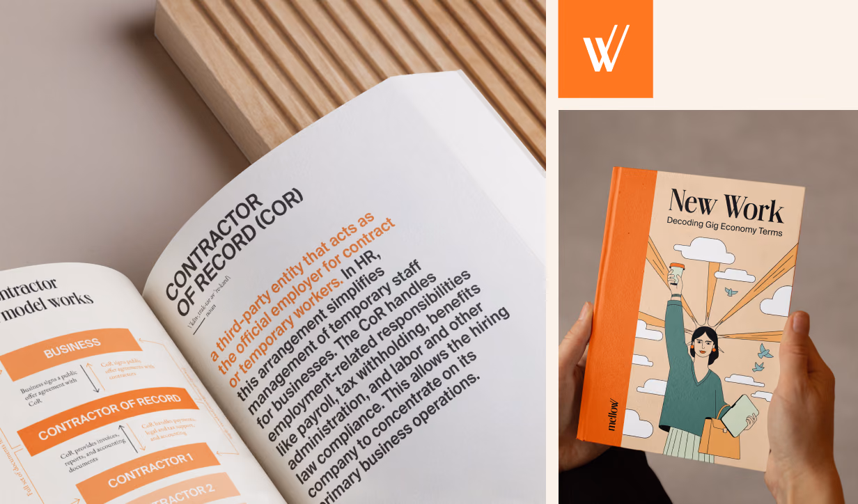 The book open on the Contractor of Record spread, the Mellow monogram and the book held in a reader’s hands