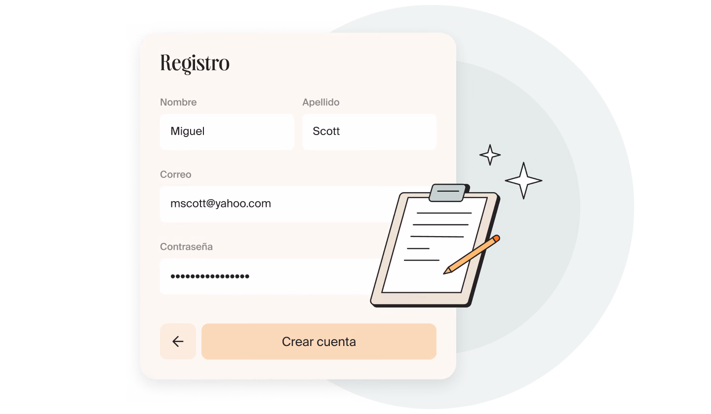Formulario de registro de Mellow: nombre, correo y contraseña