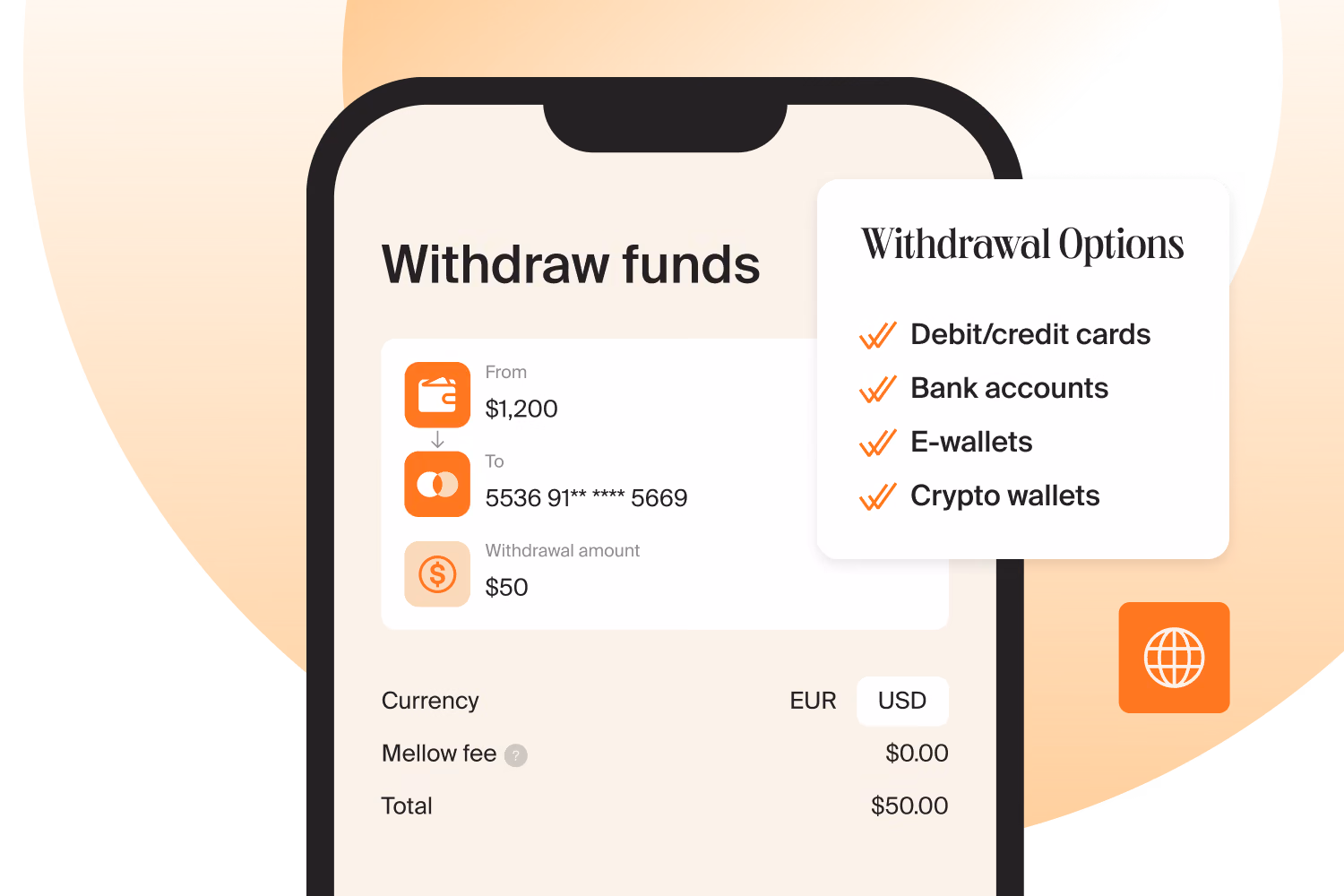 Écran de retrait dans l’application: carte de débit ou de crédit, compte bancaire, portefeuille électronique ou crypto