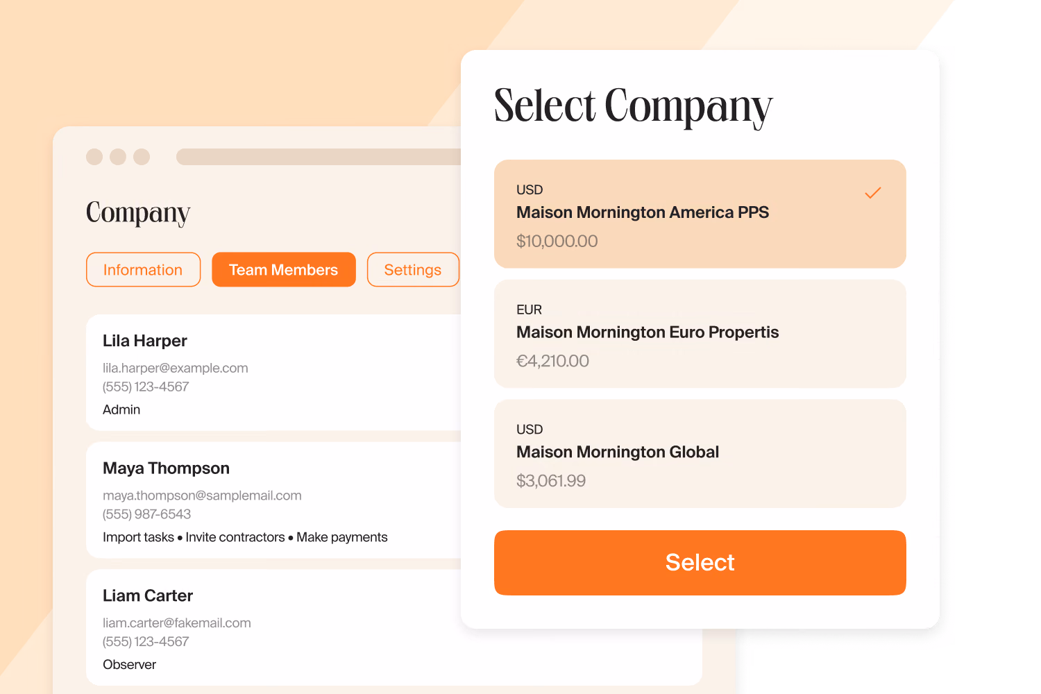 Sélecteur d’entreprise avec trois entités juridiques et leurs soldes