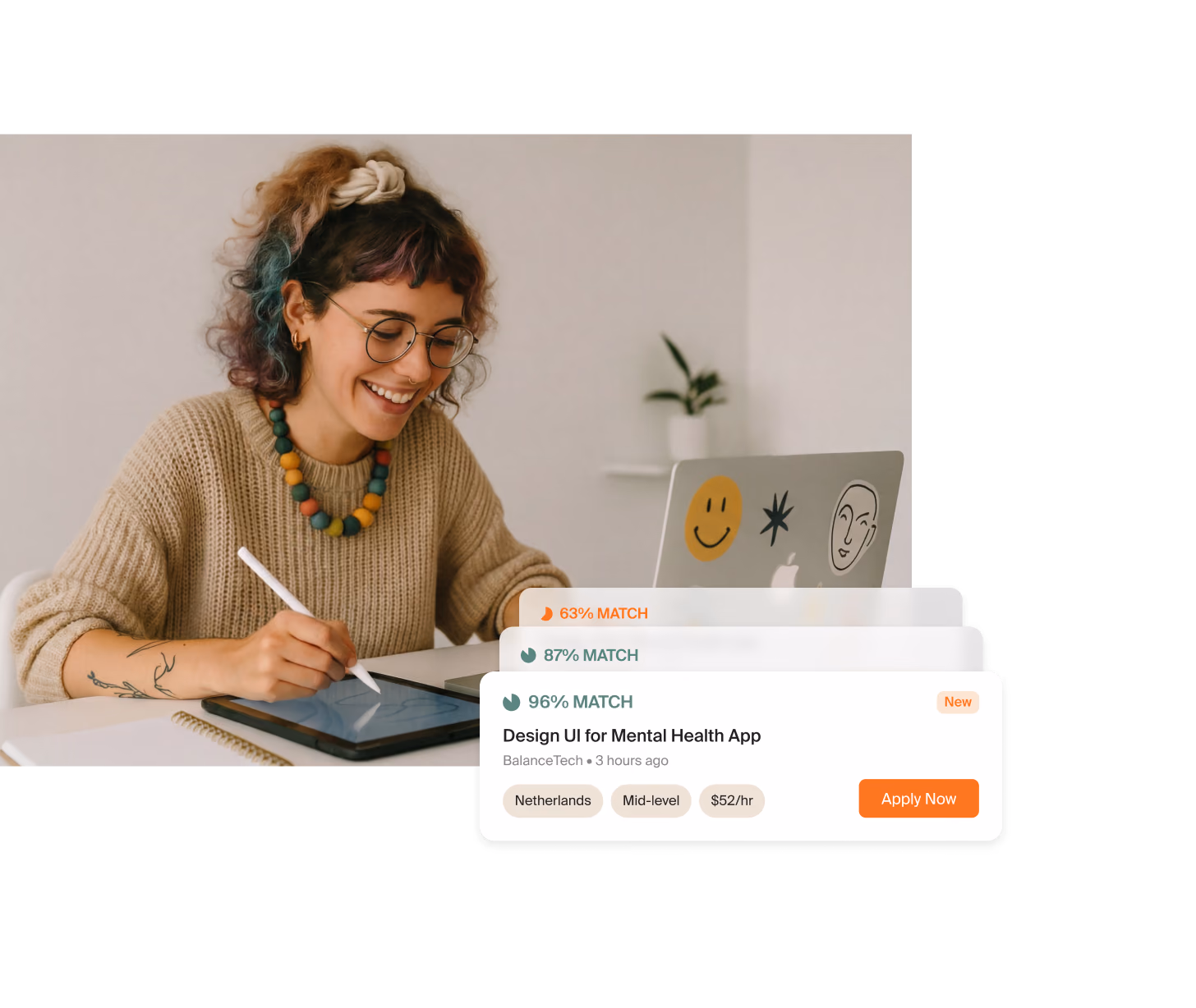 Freelancer at a laptop with matched project cards showing match scores and an Apply Now button