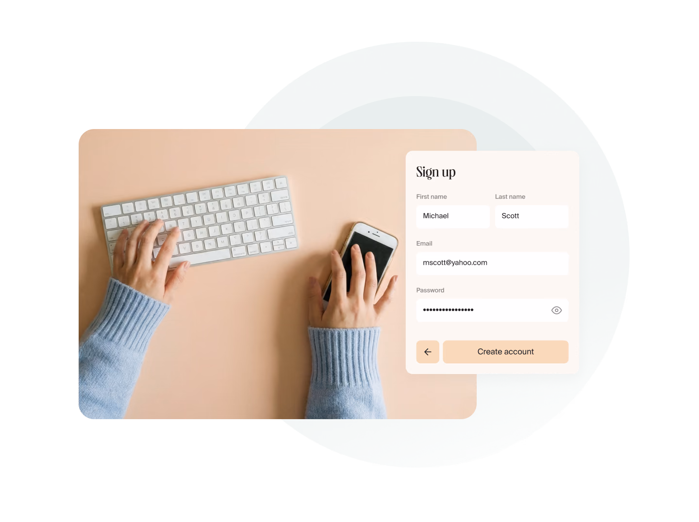 Project Radar sign-up form over a photo of a freelancer at a keyboard