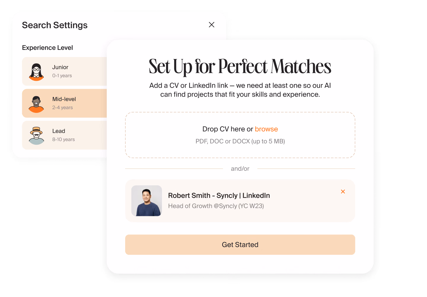Project Radar search settings next to a dialog for adding a CV or LinkedIn profile