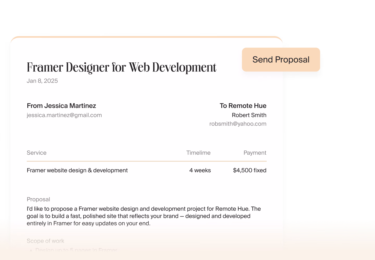 Proposal for a Framer design project with a Send Proposal button